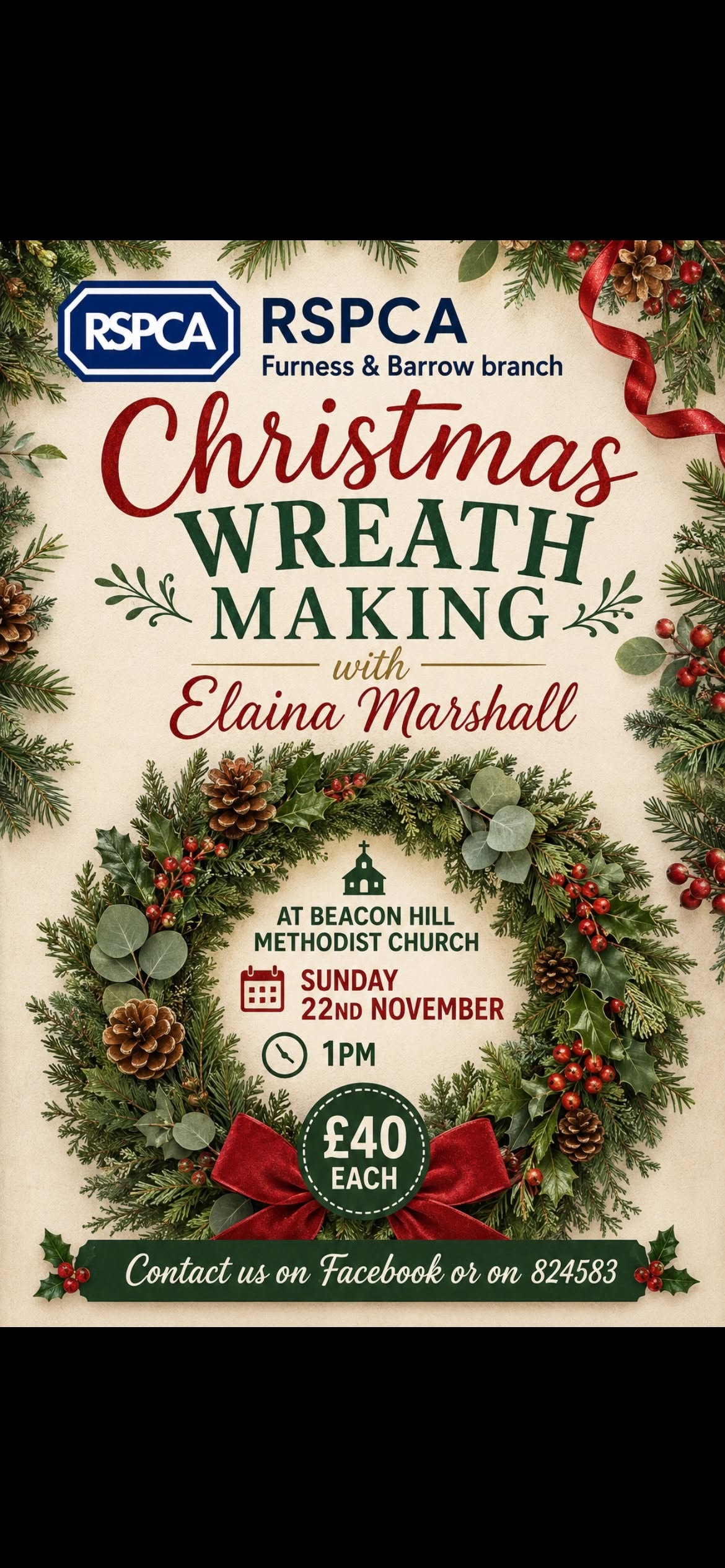Christmas Wreath Making with Elaina Marshall — RSPCA Furness and Barrow Branch fundraising event poster